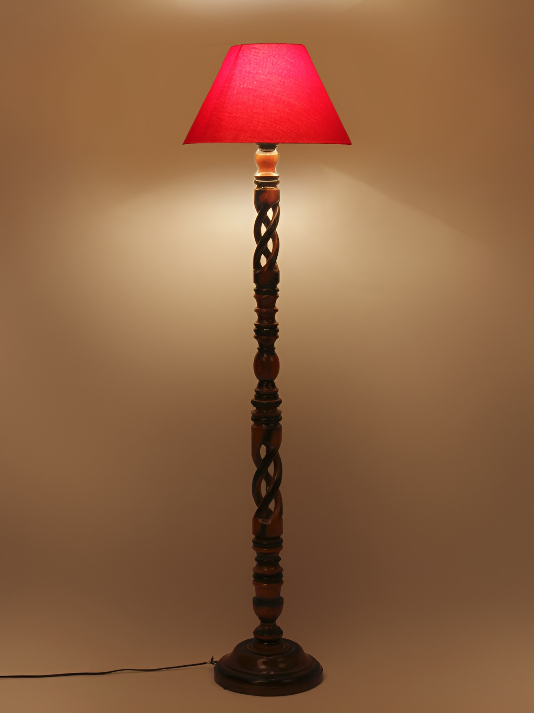 Devansh Red & Brown Cotton Conical Wooden Floor Lamp With Shade