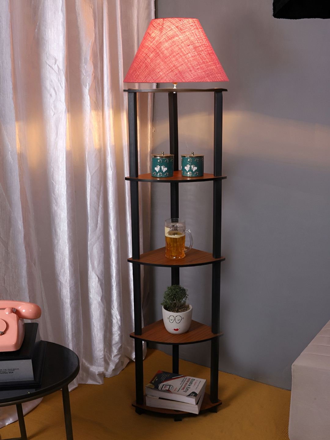 Devansh Pink & Brown Frustrum Shaped Jute Wooden Floor Lamp With Shelves