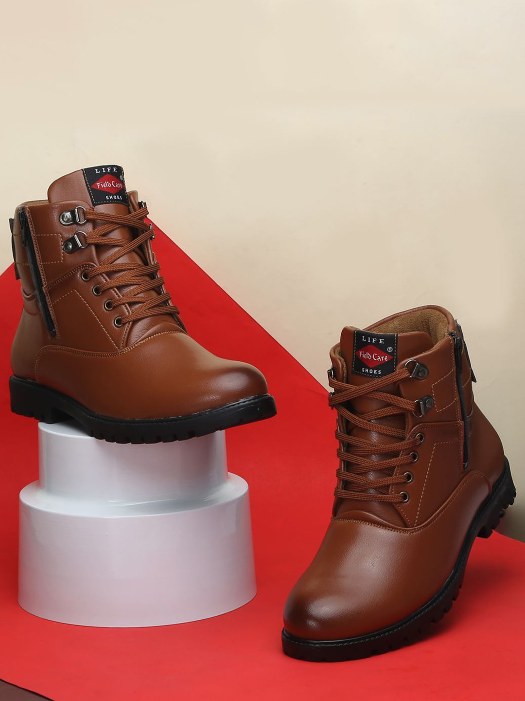 Field Care Men High Top Lace Up Block Heel Biker Boots