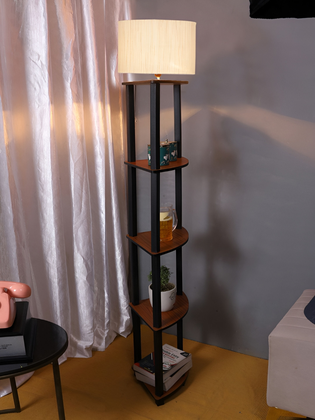 Devansh Off White & Black Cylinder Shaped Drum Wooden Shelf Floor Lamp