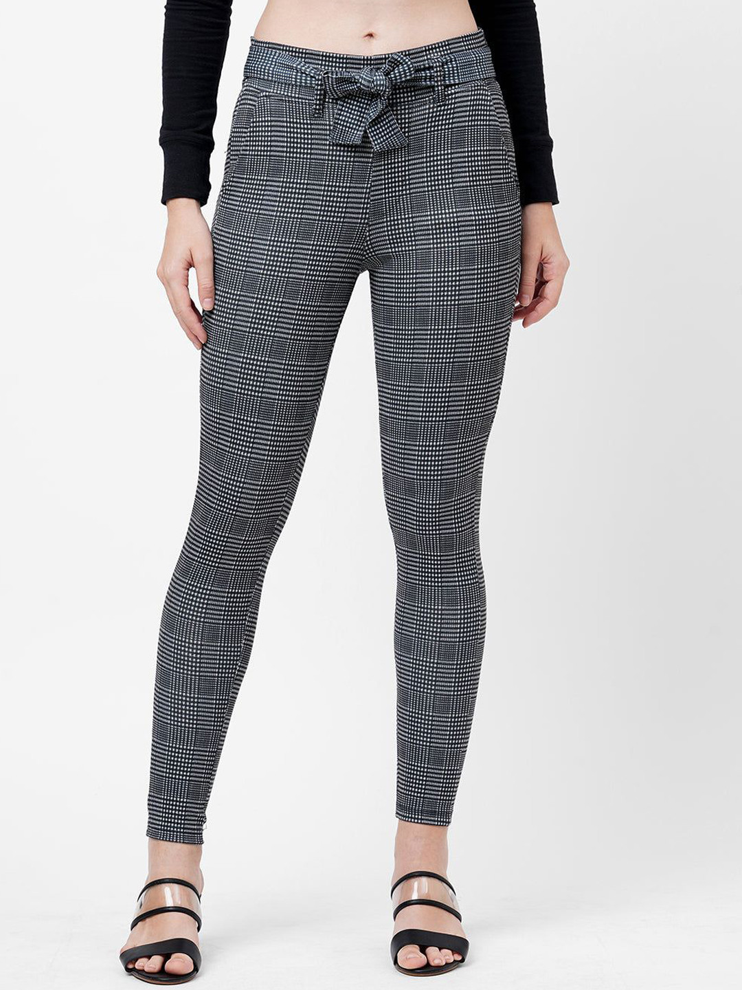 Kraus Jeans Women Checked Skinny Fit High-Rise Peg Trousers With Belt