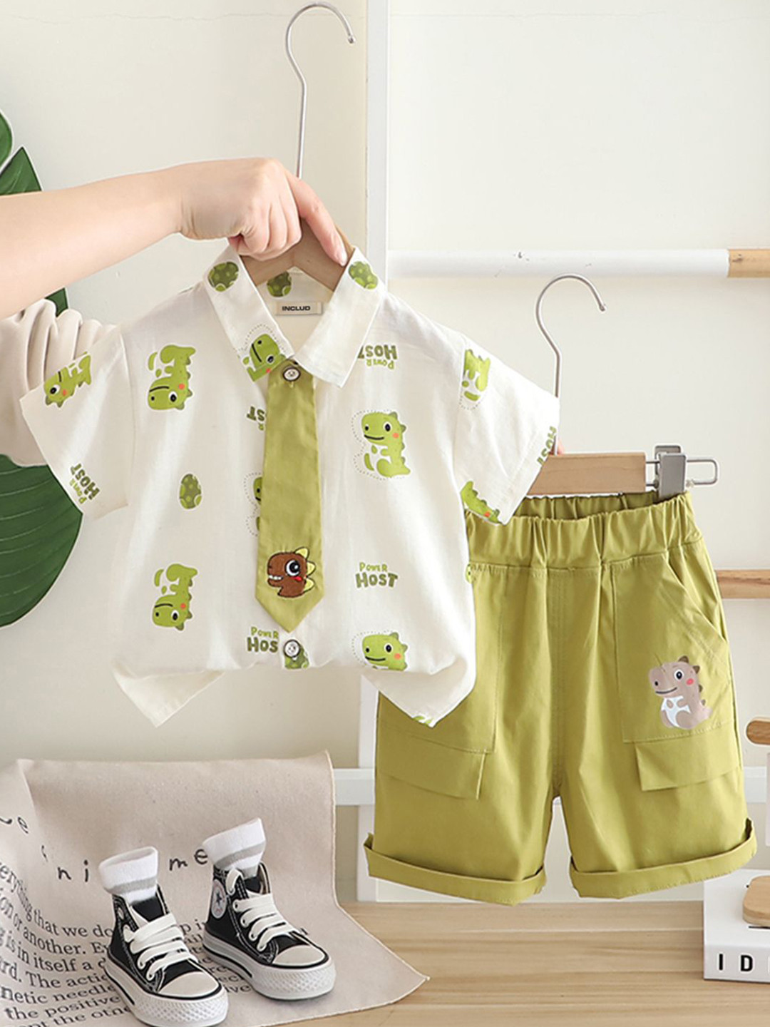 INCLUD Boys Dino Printed Shirt With Tie & Shorts