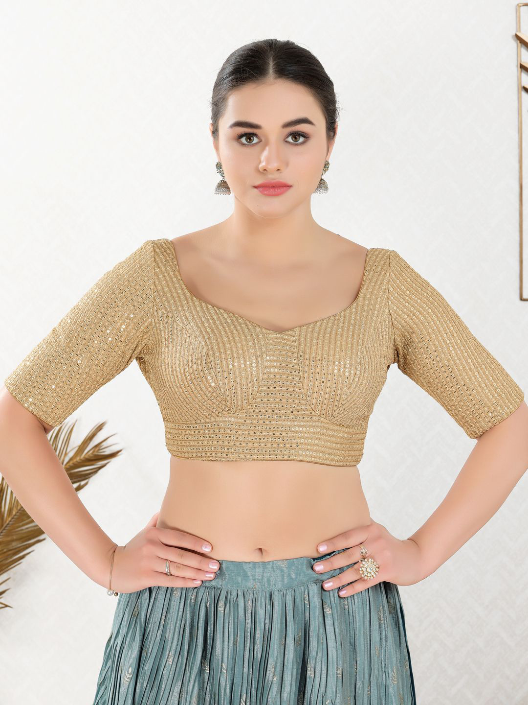Sequinned Embroidered Sweetheart-Neck Padded Readymade Blouse