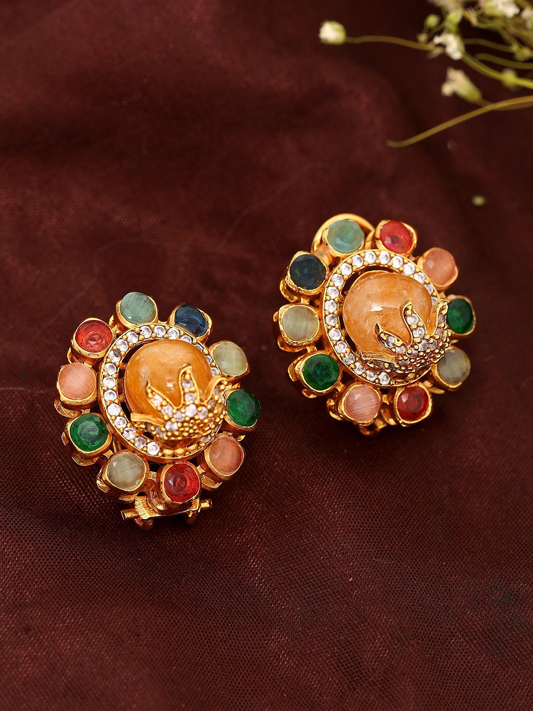 Exotic India Multistone Studded Floral Design Earrings In Alloy Material