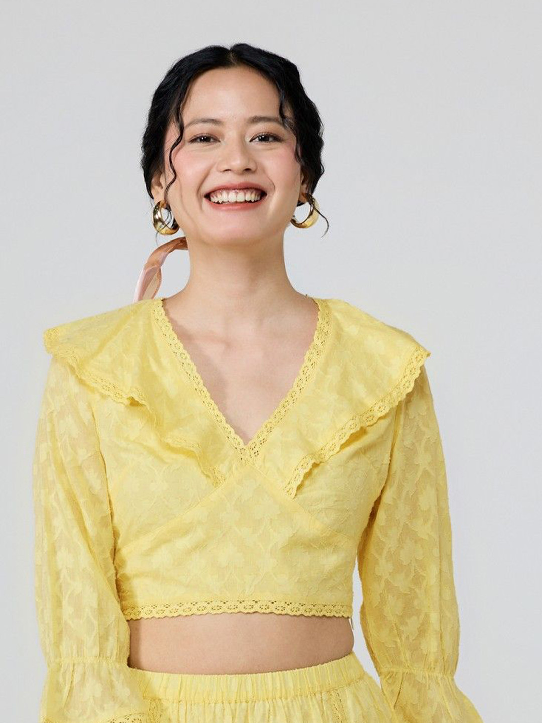 20Dresses Yellow V Neck Full Sleeves Laced Crop Top For Women