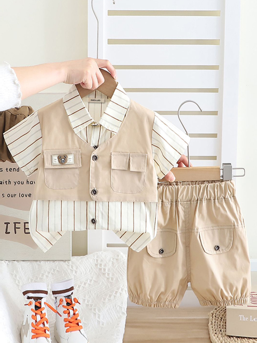 INCLUD Boys Beige Striped Shirt Collar With Shorts Pocket Clothing Set