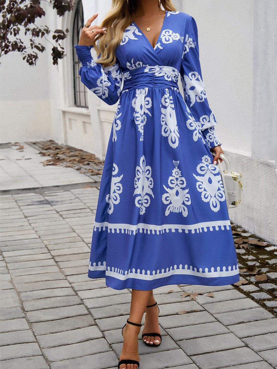 Routes by All About You Women Ethnic Motifs Print Plunge Neck Fit and Flare Midi Dress