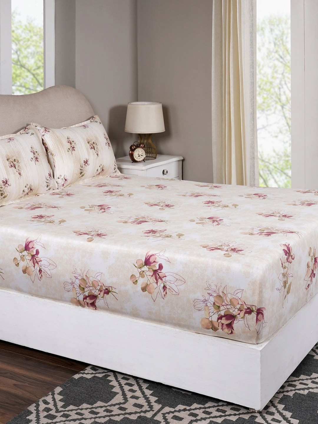 MASPAR Peach Floral Pure Cotton 300 TC Fitted Queen Fine Bedsheet with 2 Pillow Covers-183 x 193 x 38 cm