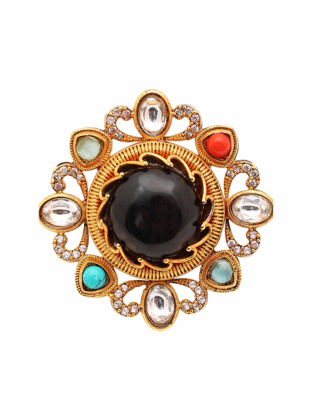 Exotic India Floral Design Multi Stone Studded Adjustable Ring for Women