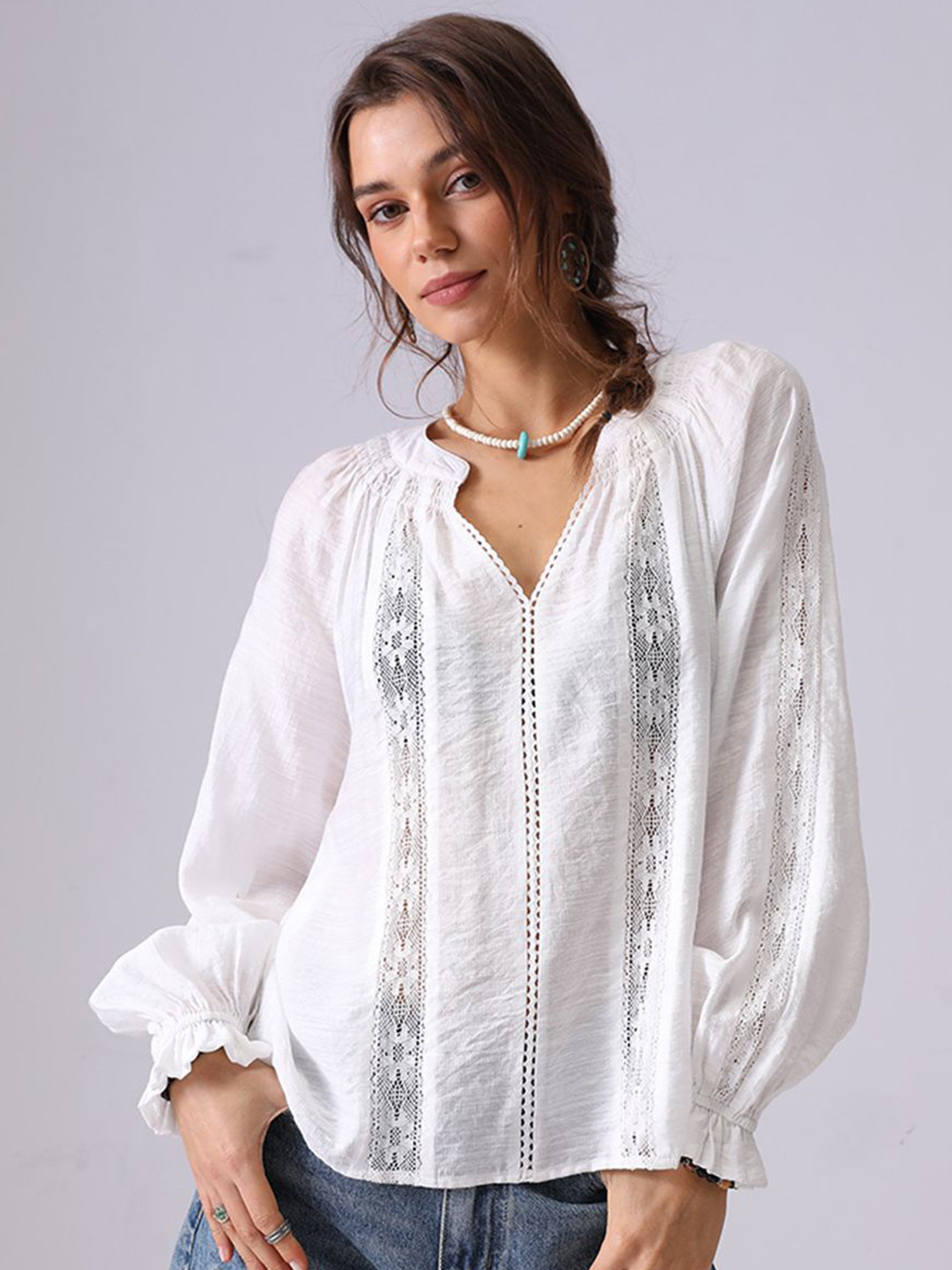 JC Women Collection Tie-Up Neck  Cuffed Sleeves Top