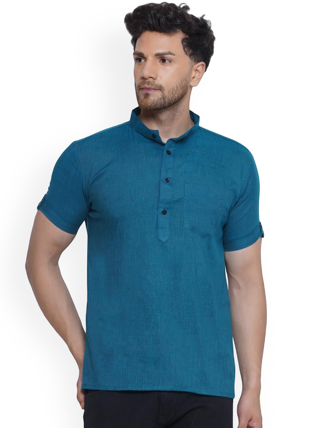 VEERA PARIDHAAN Band Collar Short Sleeves Straight Short Kurta