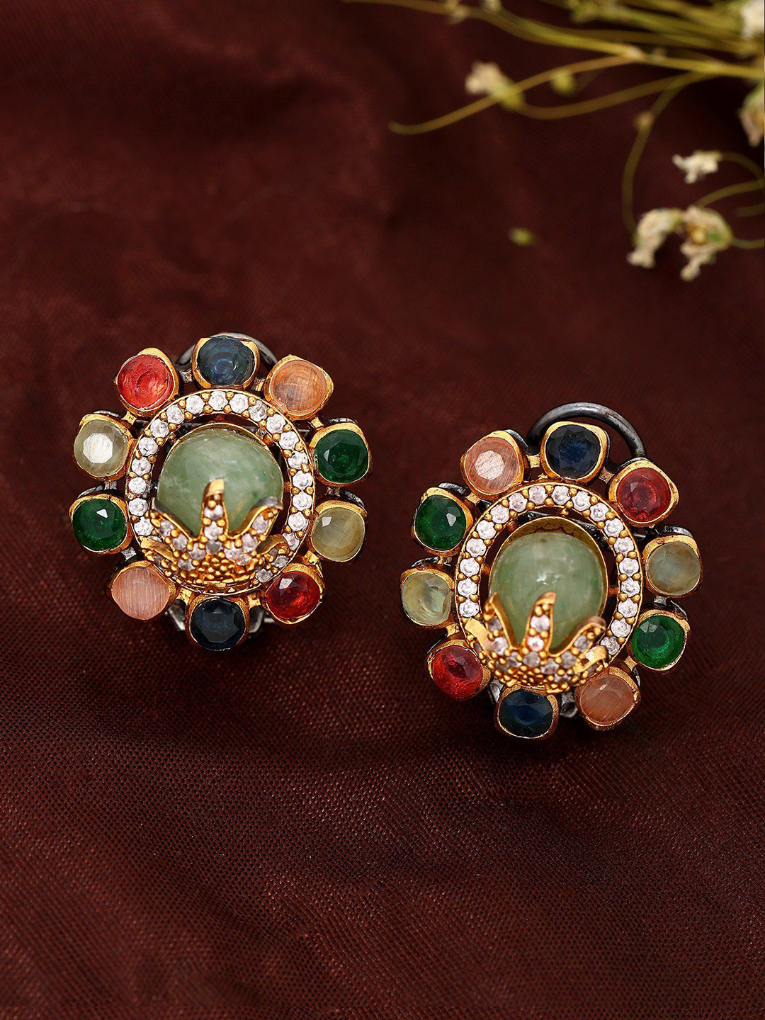 Exotic India Multistone Studded Floral Artificial Design Earrings