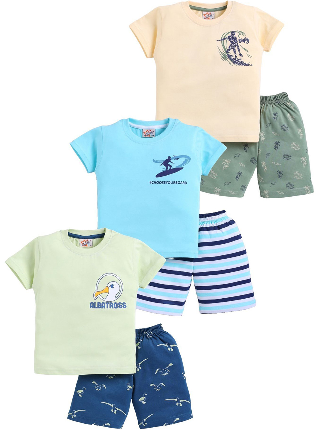 Universal Stars Boys Pack of 3 Printed Pure Cotton Round Neck T-shirt With Shorts