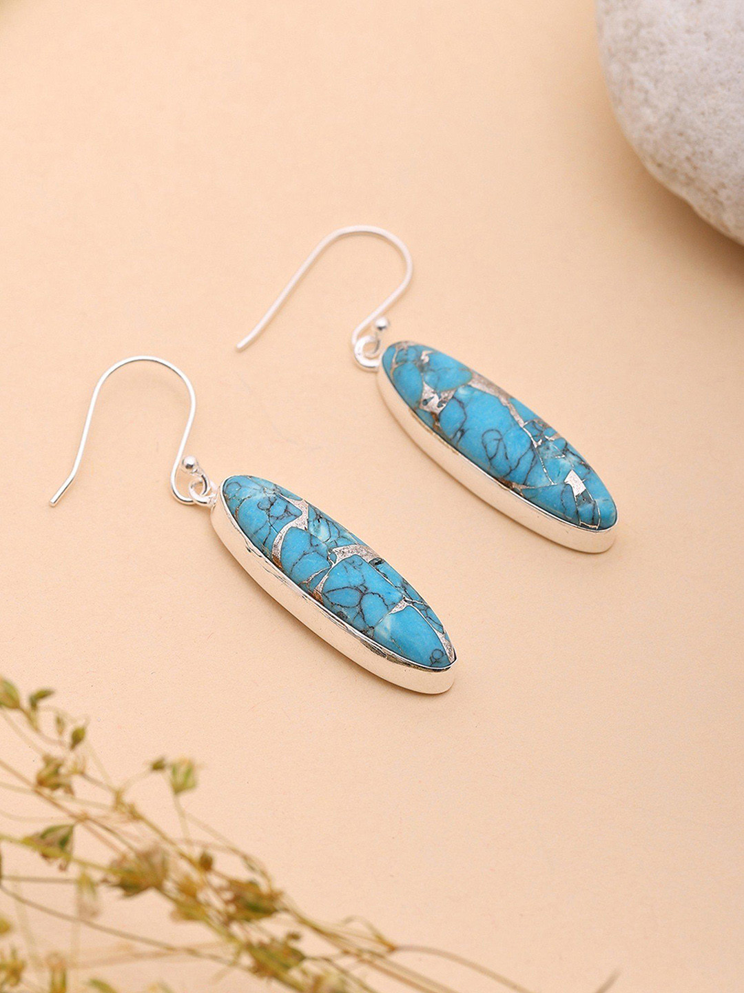 Exotic India Silver-Plated Oval Shaped Turquoise Hoop Earrings