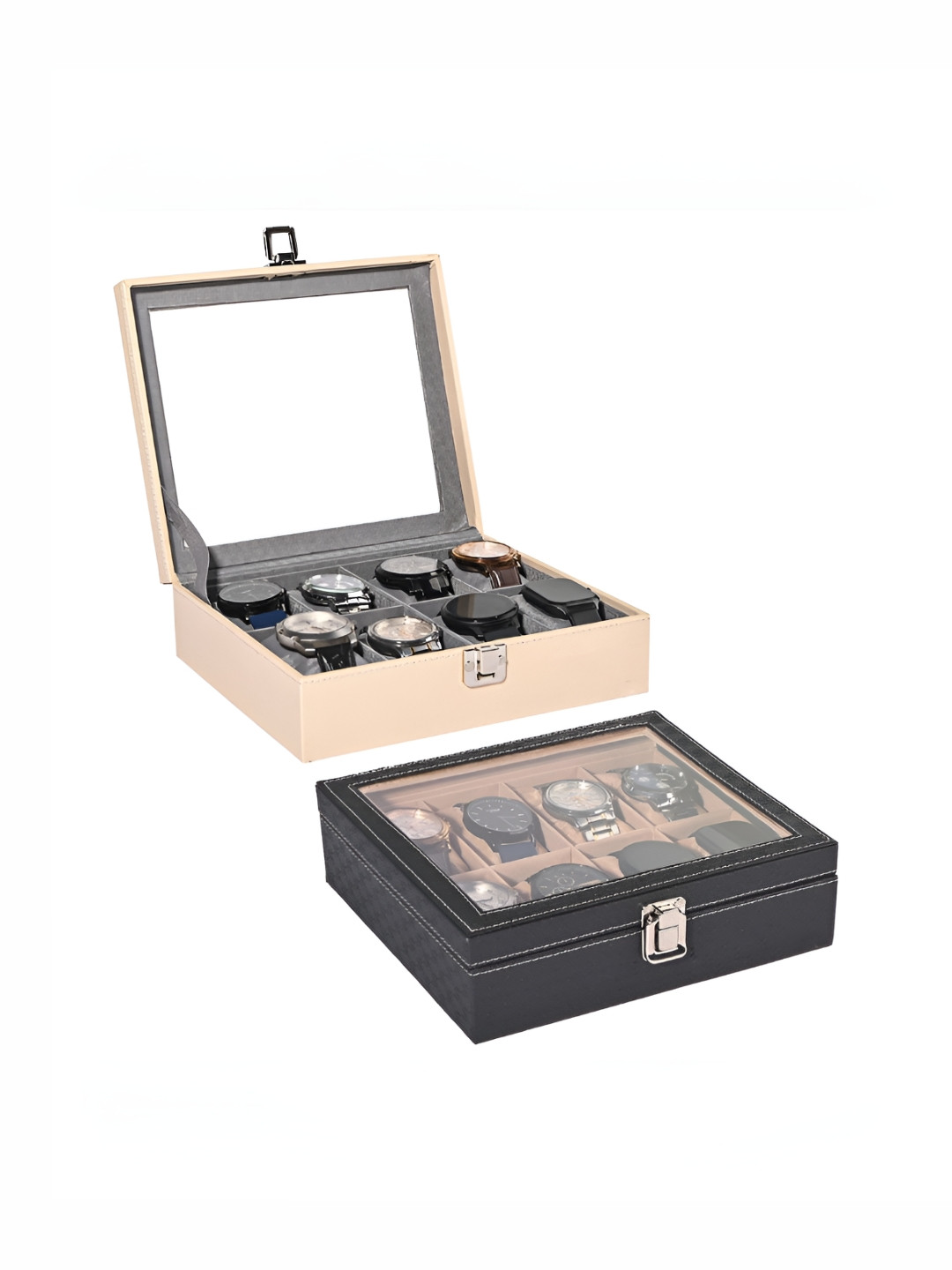 Aura Gold-Toned Set of 2 Premium Faux Leather 8 Slots Wrist Watch Organiser Watch Box