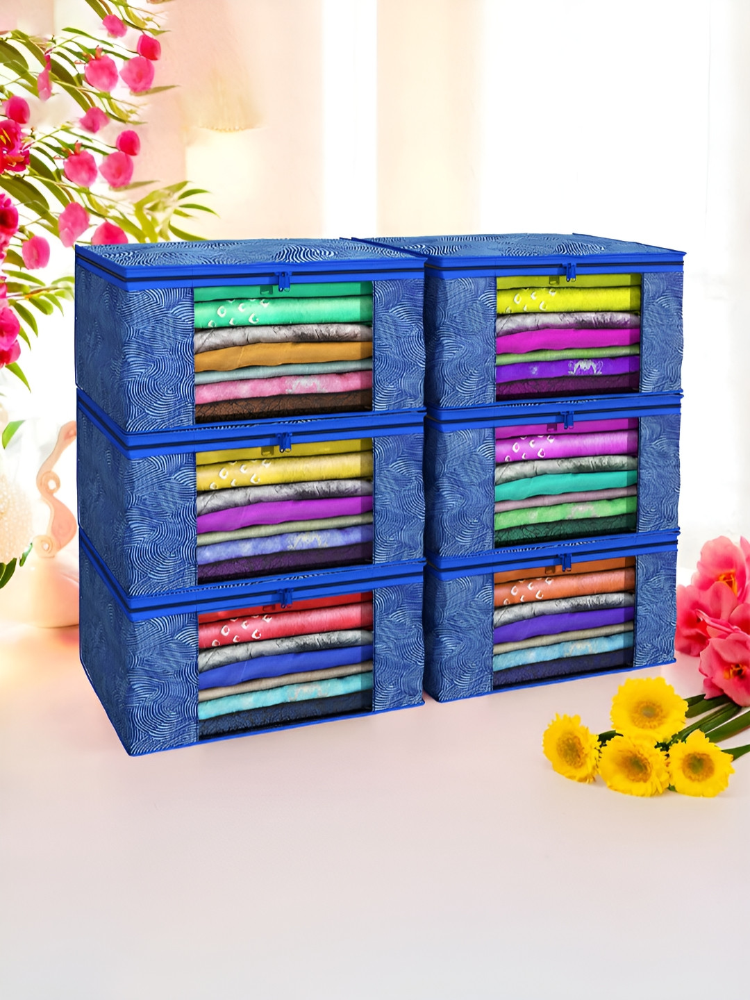 Aura Blue Set of 6 Non-Woven Saree Cover 9 Inch Clothes Bag