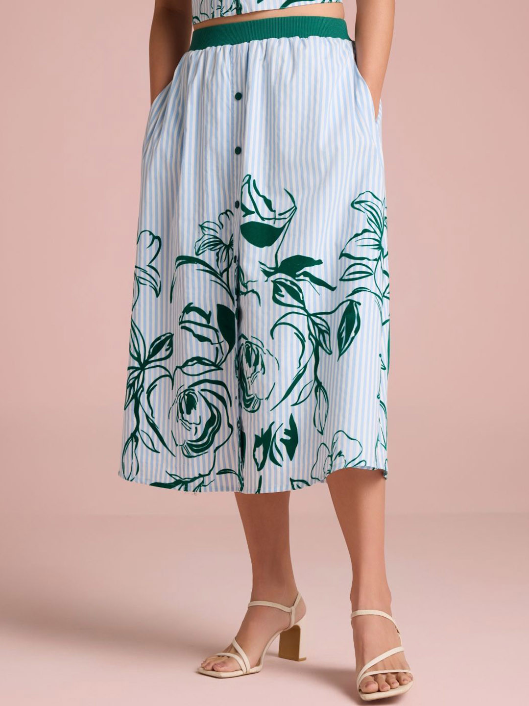 Muvazo Rosette Stripe A-Line Midi Skirt