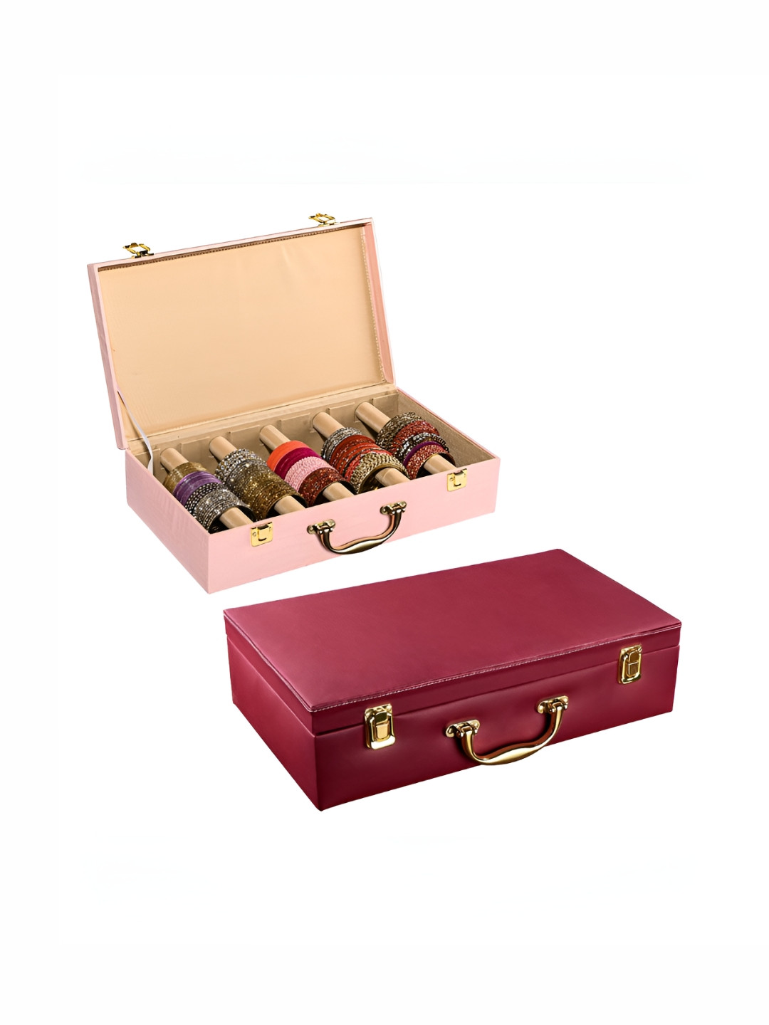 Aura Pink & Maroon 2 Pcs 5 Rod Premium Leather Bangle Box Chudi Box Jewellery Organiser