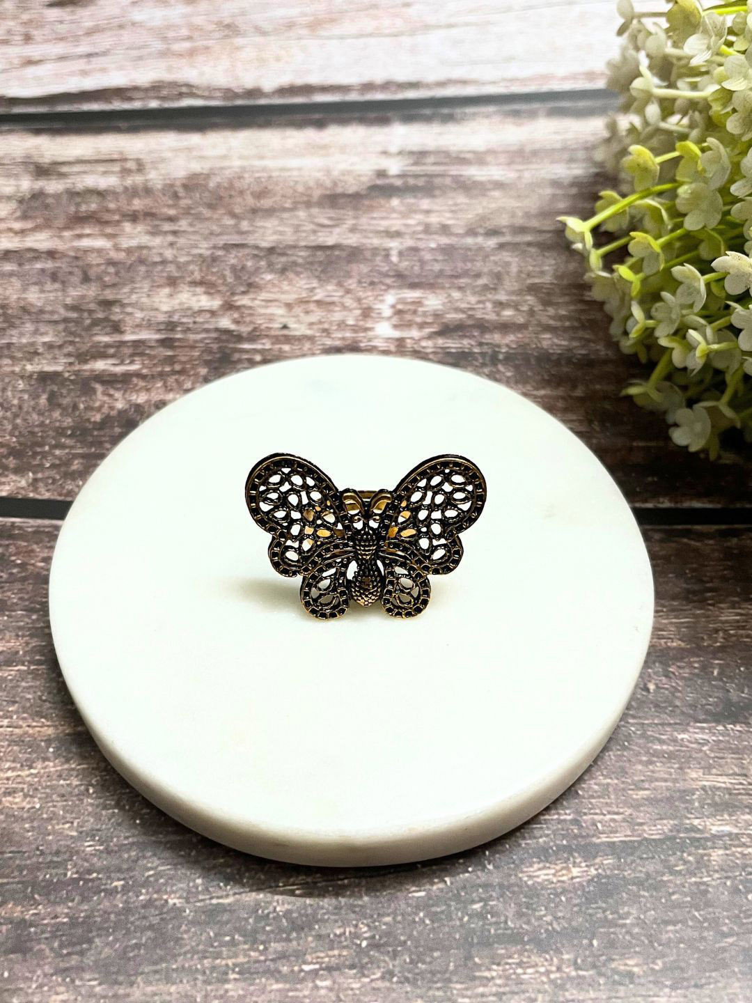 DressBerry Antique Brass-Plated Butterfly Shaped Oxidised Finger Ring