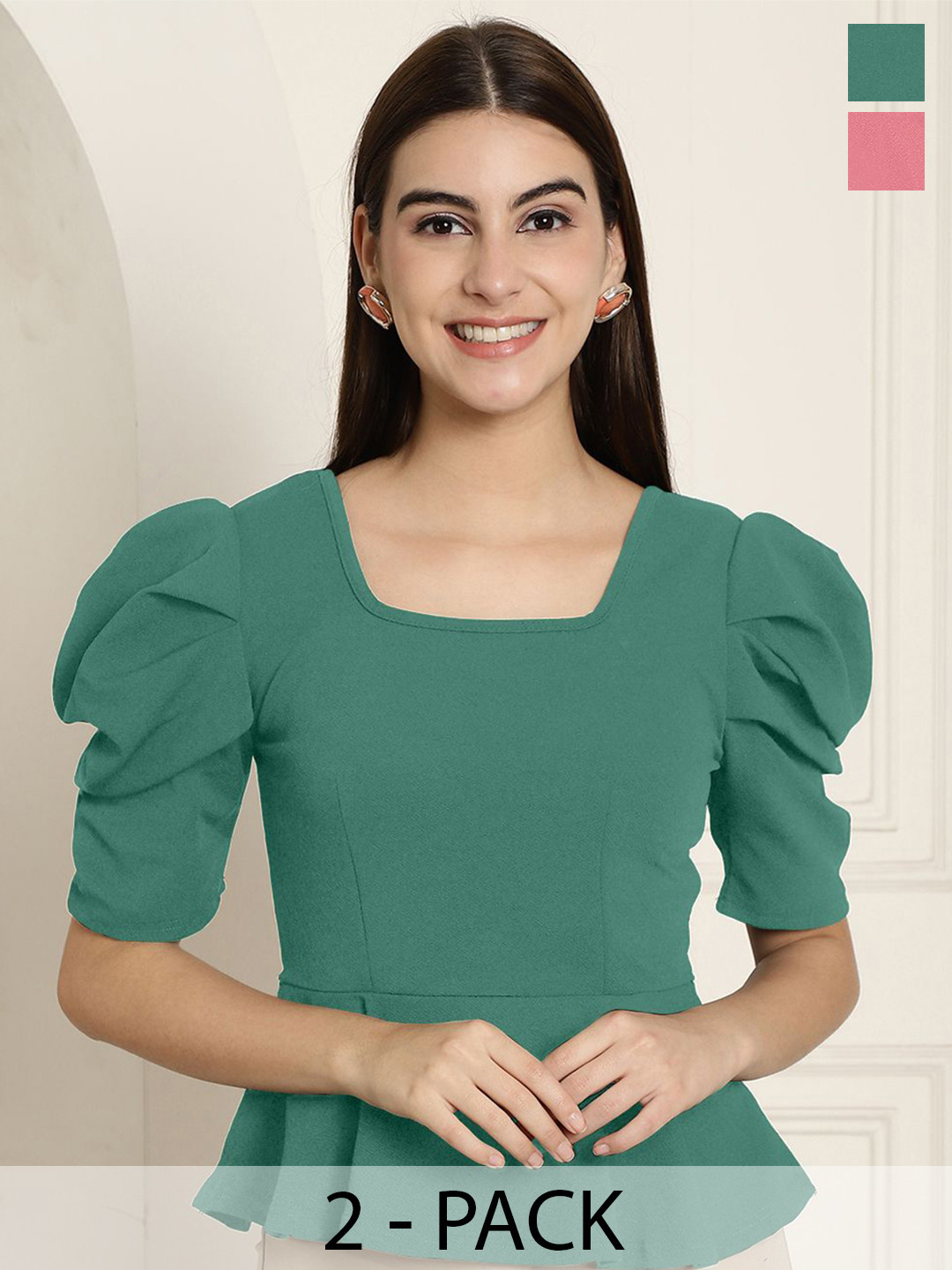 Tromko Puff Sleeve Top Pack of 2 Casual Regular Sleeves Solid Women Multicolor Top