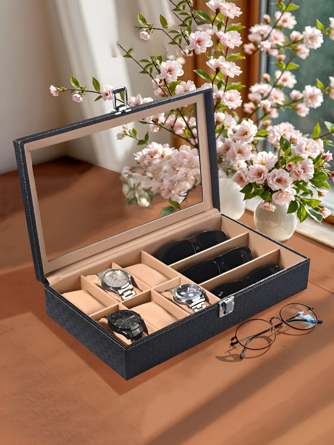 Aura Black Premium Faux Leather See Through 6+3 Slots Wrist Watch Organiser Sunglasses Box