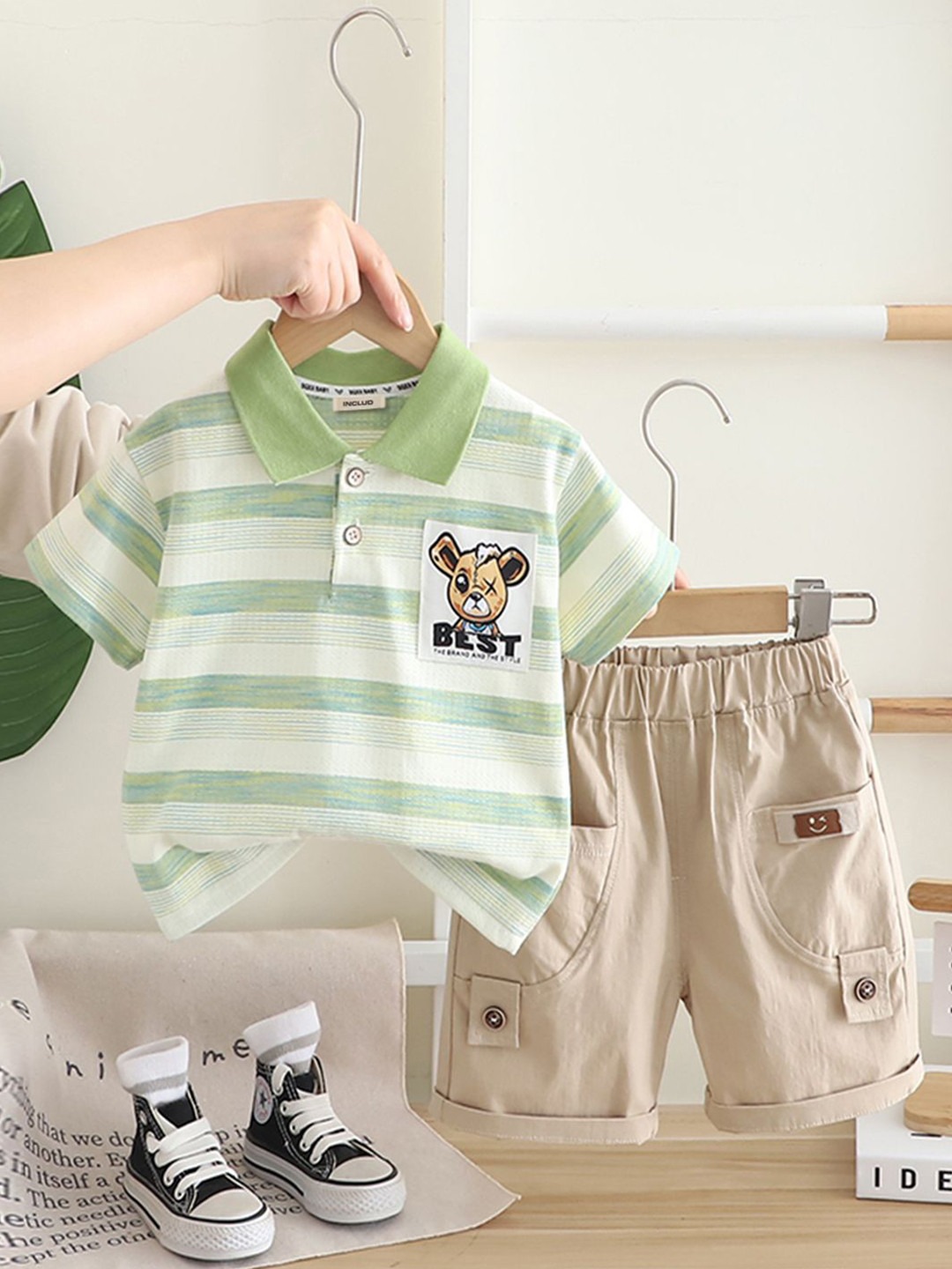 INCLUD Boys Striped Polo T-shirt With Khaki Shorts