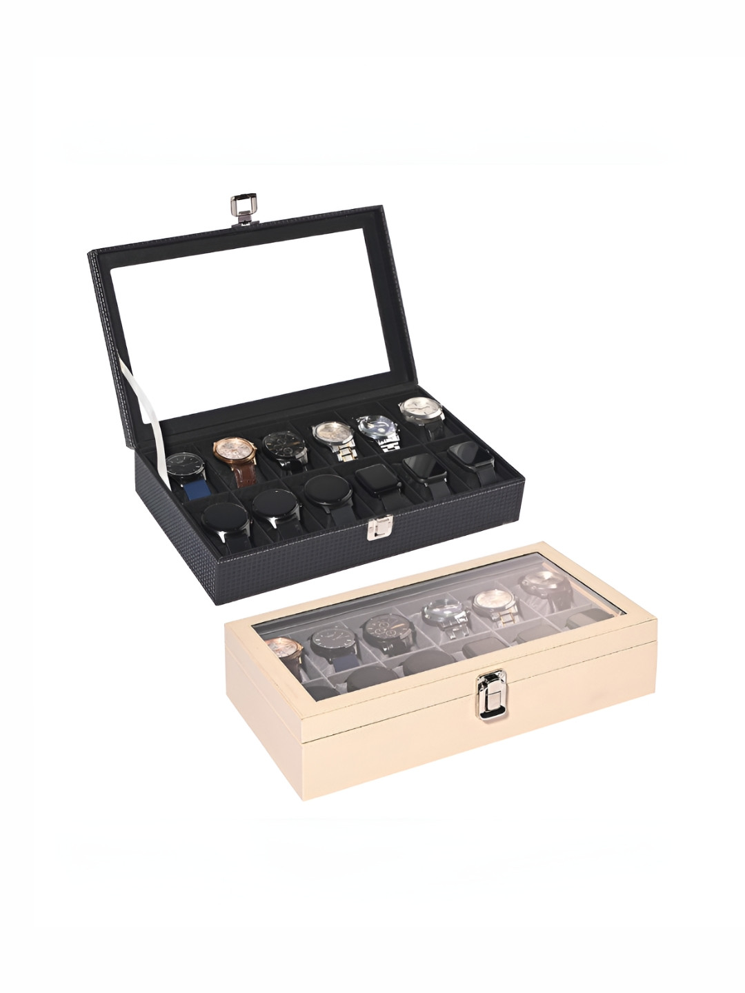 Aura Black Set of 2 Premium Faux Leather 12 Slots Wrist Watch Organiser Box Watch Holder