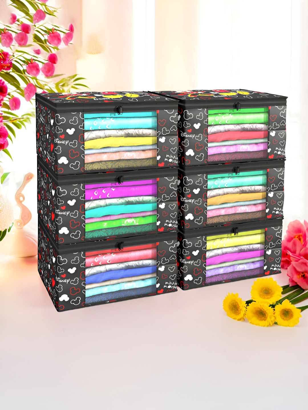 Myntra Elegant Homes Black Set of 6 Disney Mickey Foldable Storage Saree Cover Organisers