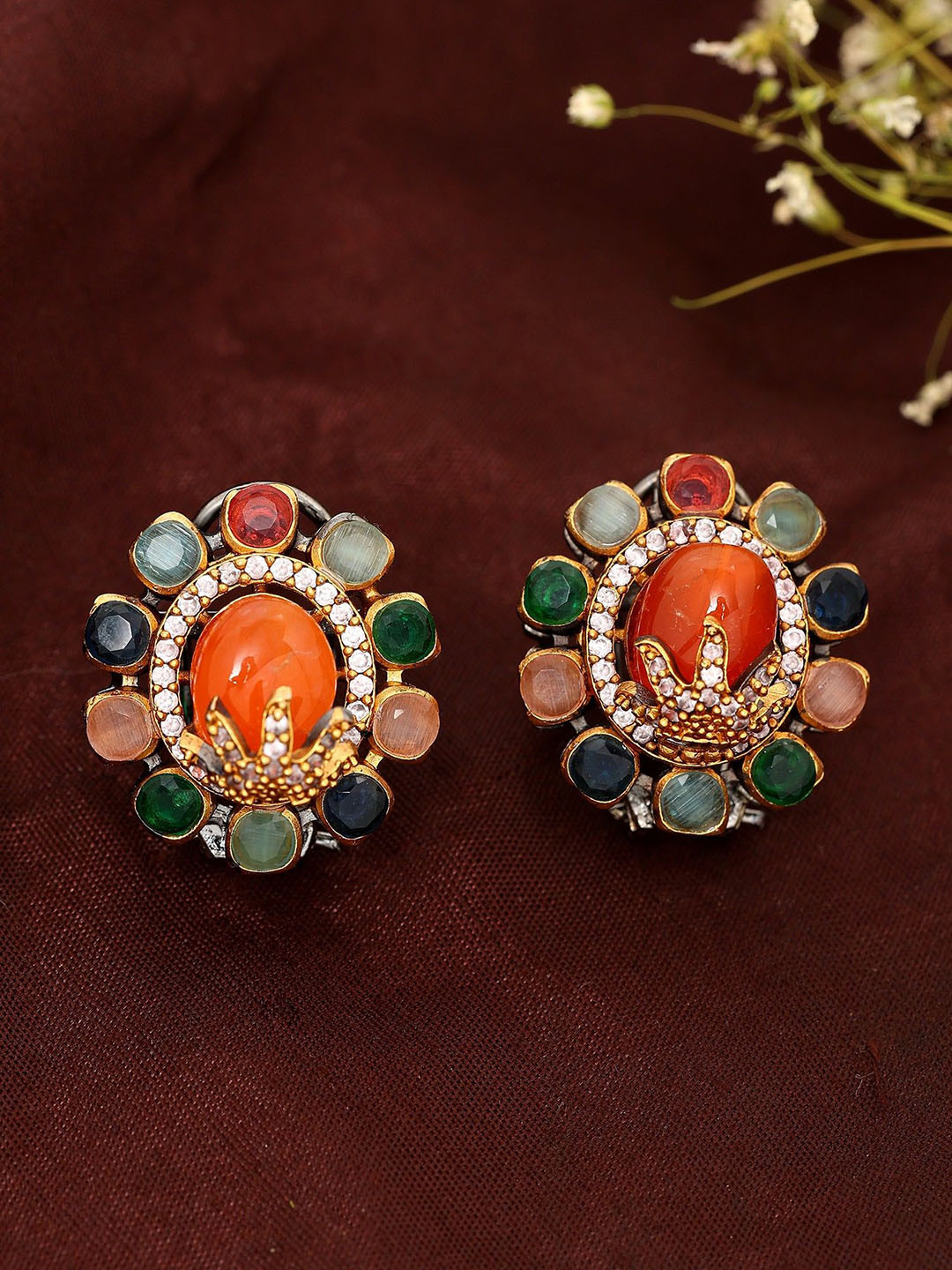 Exotic India Multistone Alloy Studded Floral Design Earrings for Women