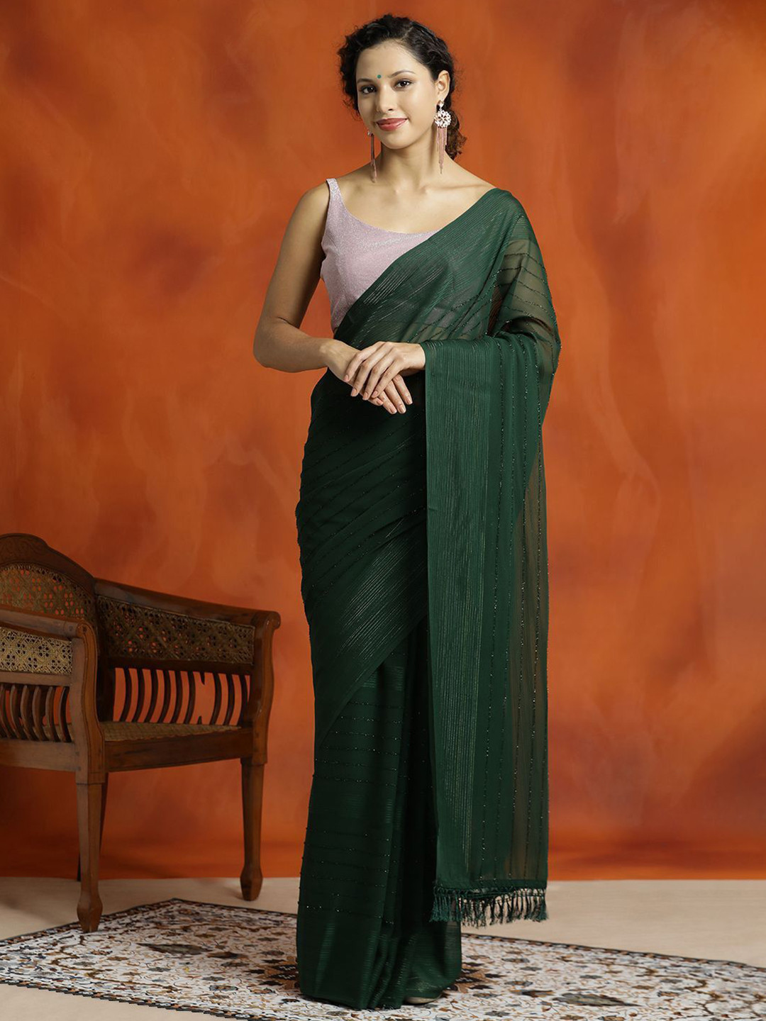 SHADOW & SAINING Green Gleam Sequence Work Zari Saree