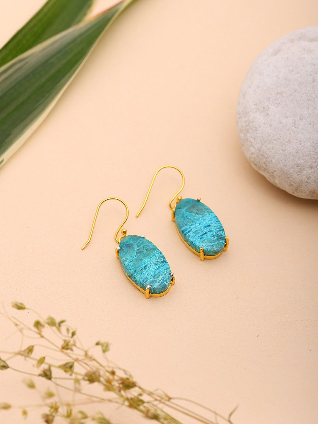 Exotic India Sterling Silver Gold-Plated Chrysocolla Studded Oval Drop Earrings