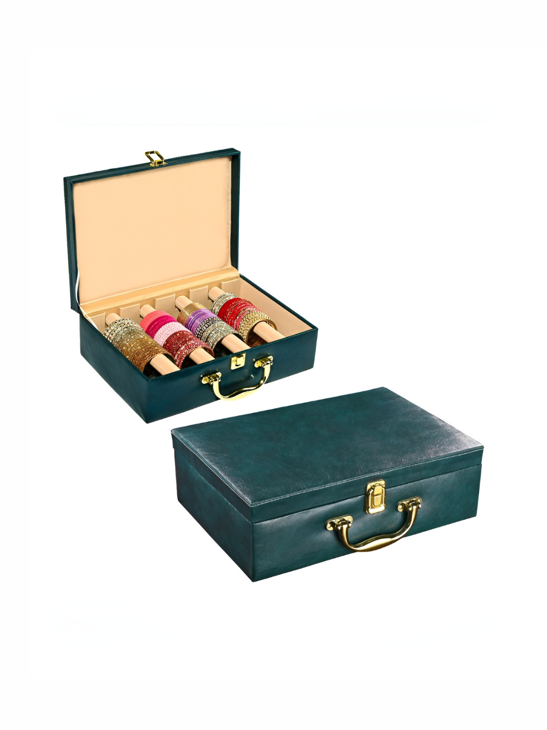 Aura Teal 2 Pcs 4 Rod Premium Leather Bangle Box Chudi Box Jewellery Organiser