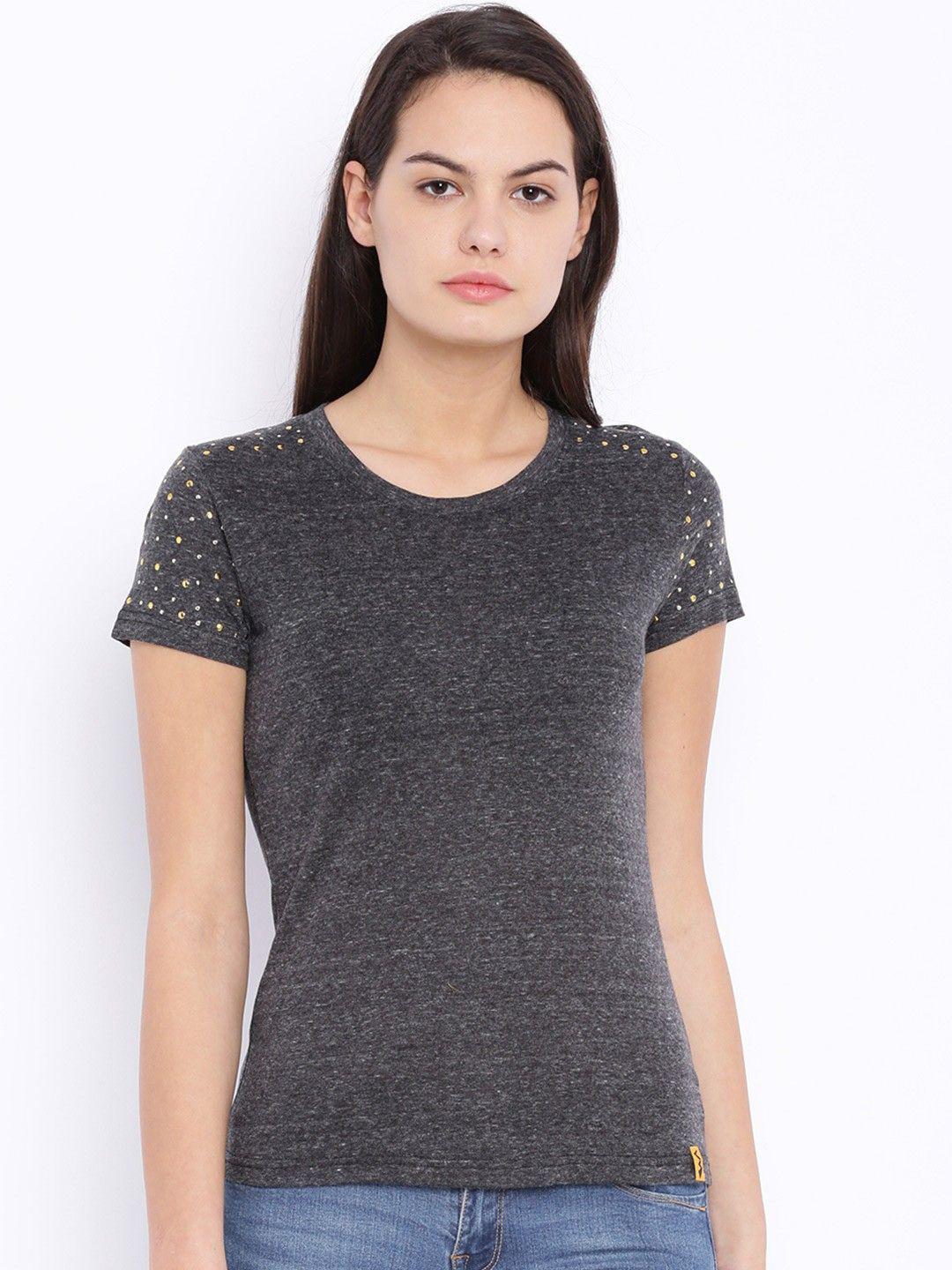 Campus Sutra Embellished Short Regular Sleeve Cotton Top