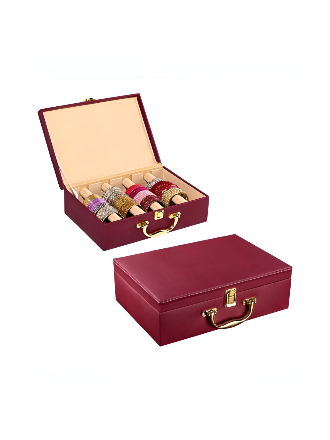 Aura Maroon 2 Pcs 4 Rod Premium Leather Bangle Box Chudi Box Jewellery Organiser