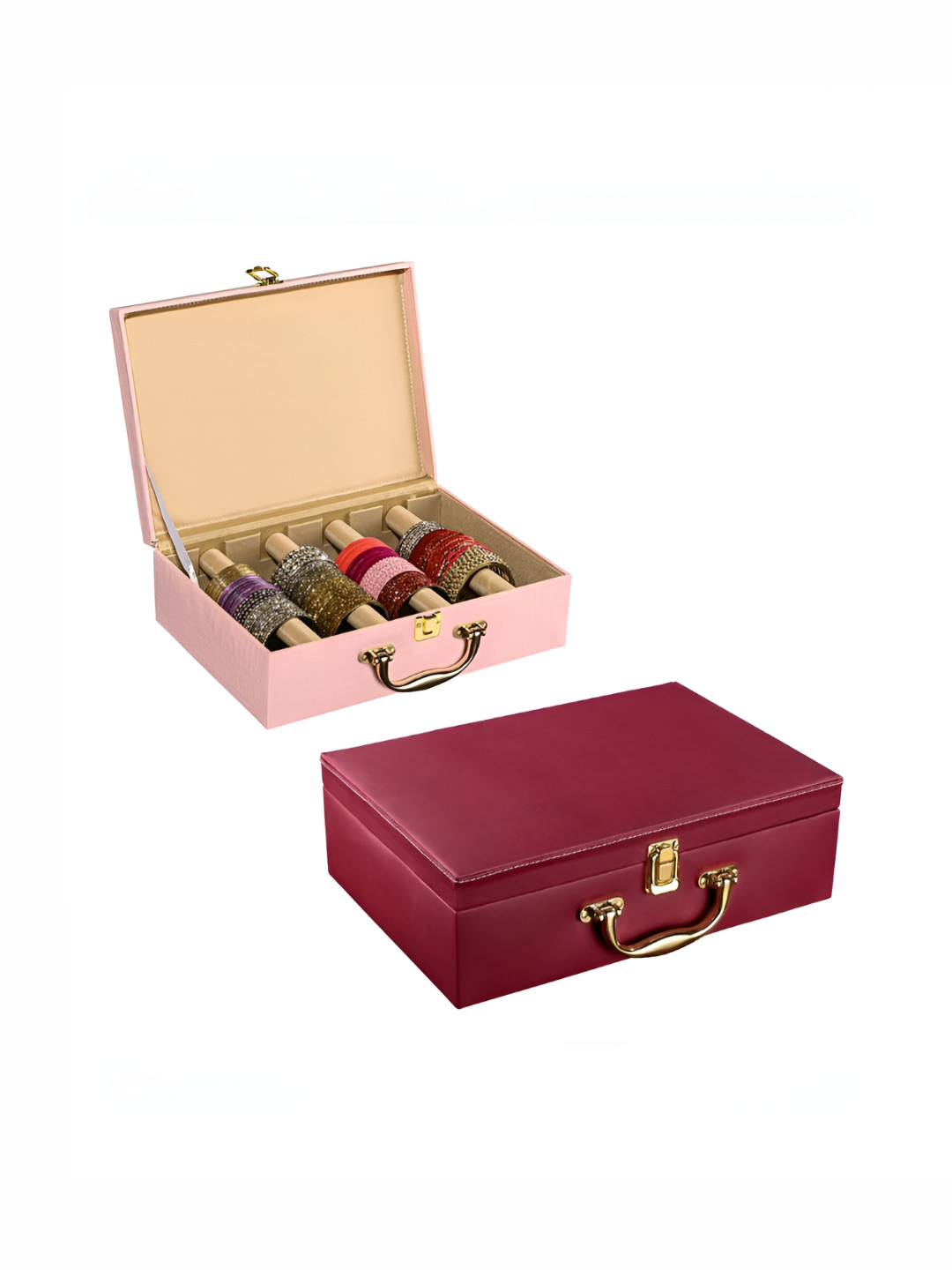 Aura Pink & Maroon 2 Pcs 4 Rod Premium Leather Bangle Box Chudi Box Jewellery Organiser