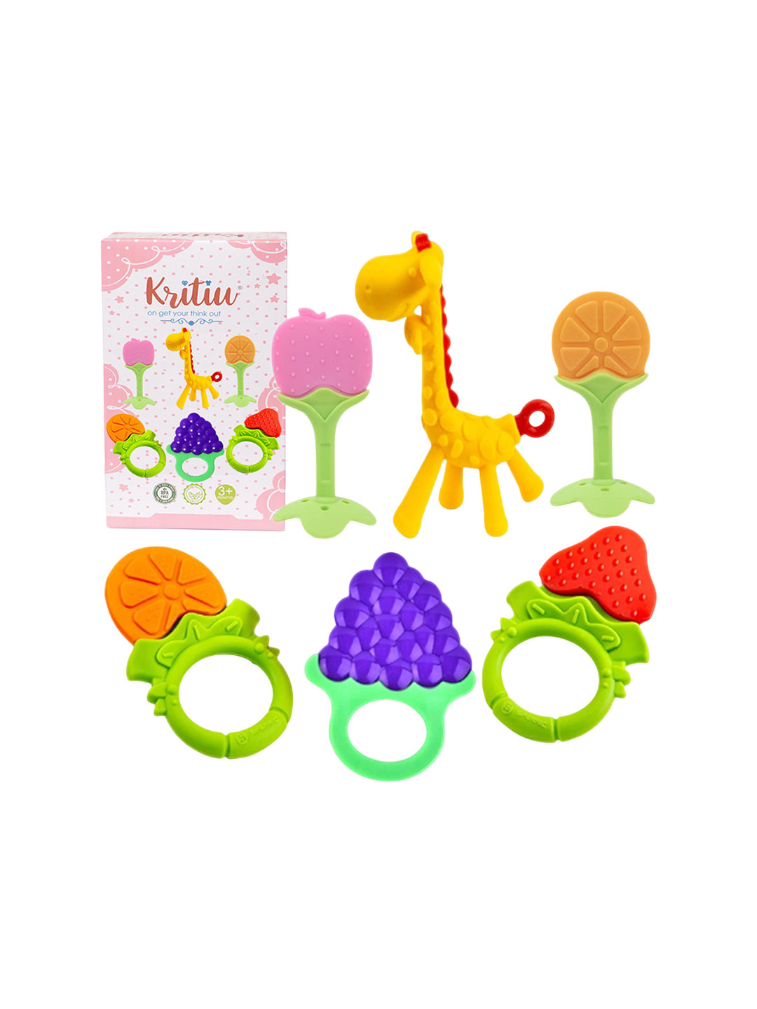 Kritiu Kids Pack Of 6 Green & Red Silicone Fruit & Giraffe Shape Baby Teether