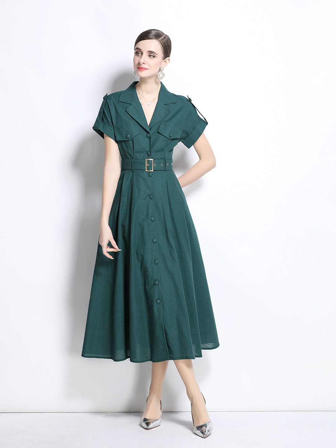 JC Collection Women Laple Collar Roll-Up Sleeves Midi Shirt Dress Comes with a Mask