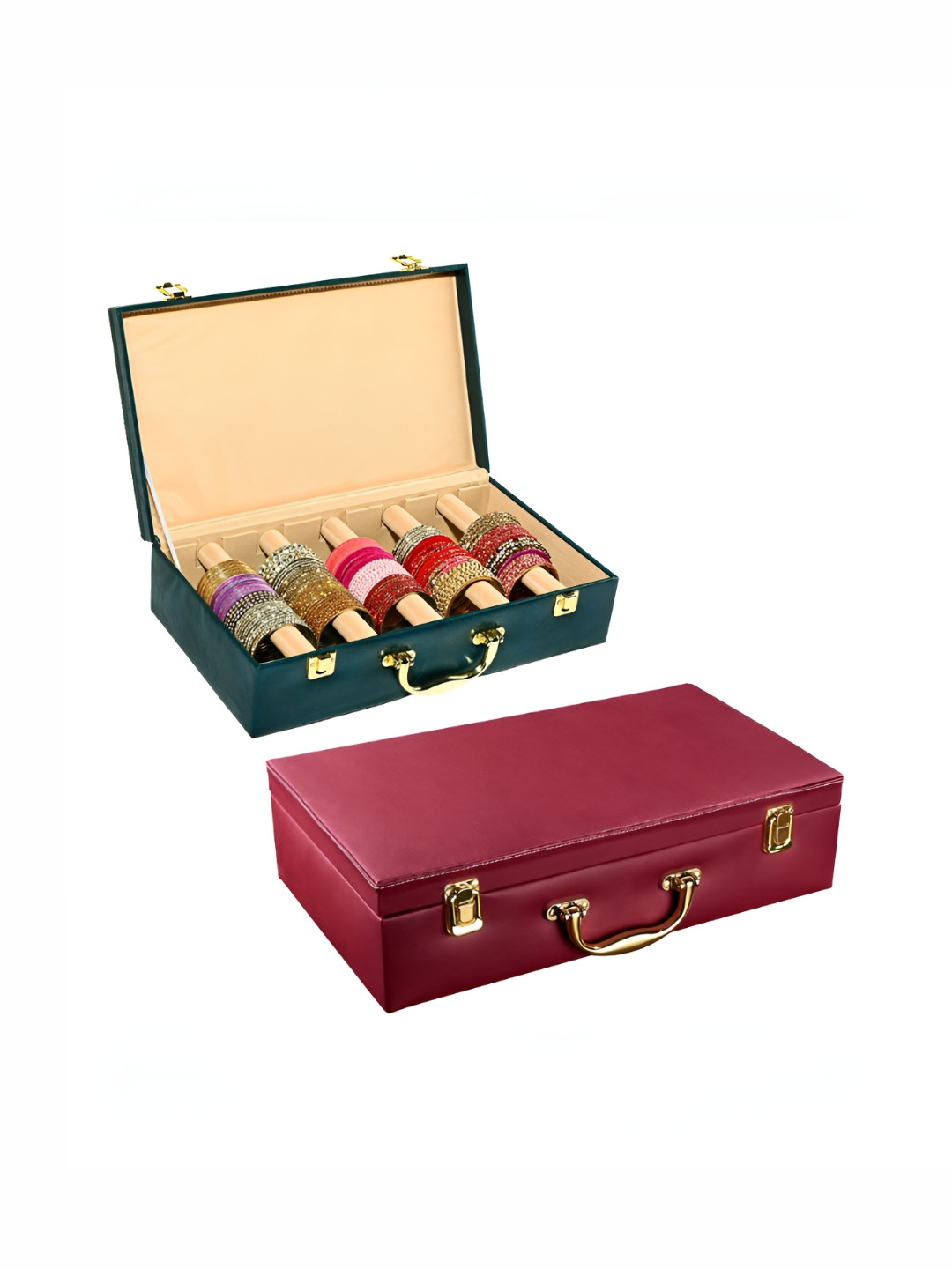 Aura Teal & Maroon 2 Pcs 5 Rod Premium Leather Bangle Box Chudi Box Jewellery Organiser