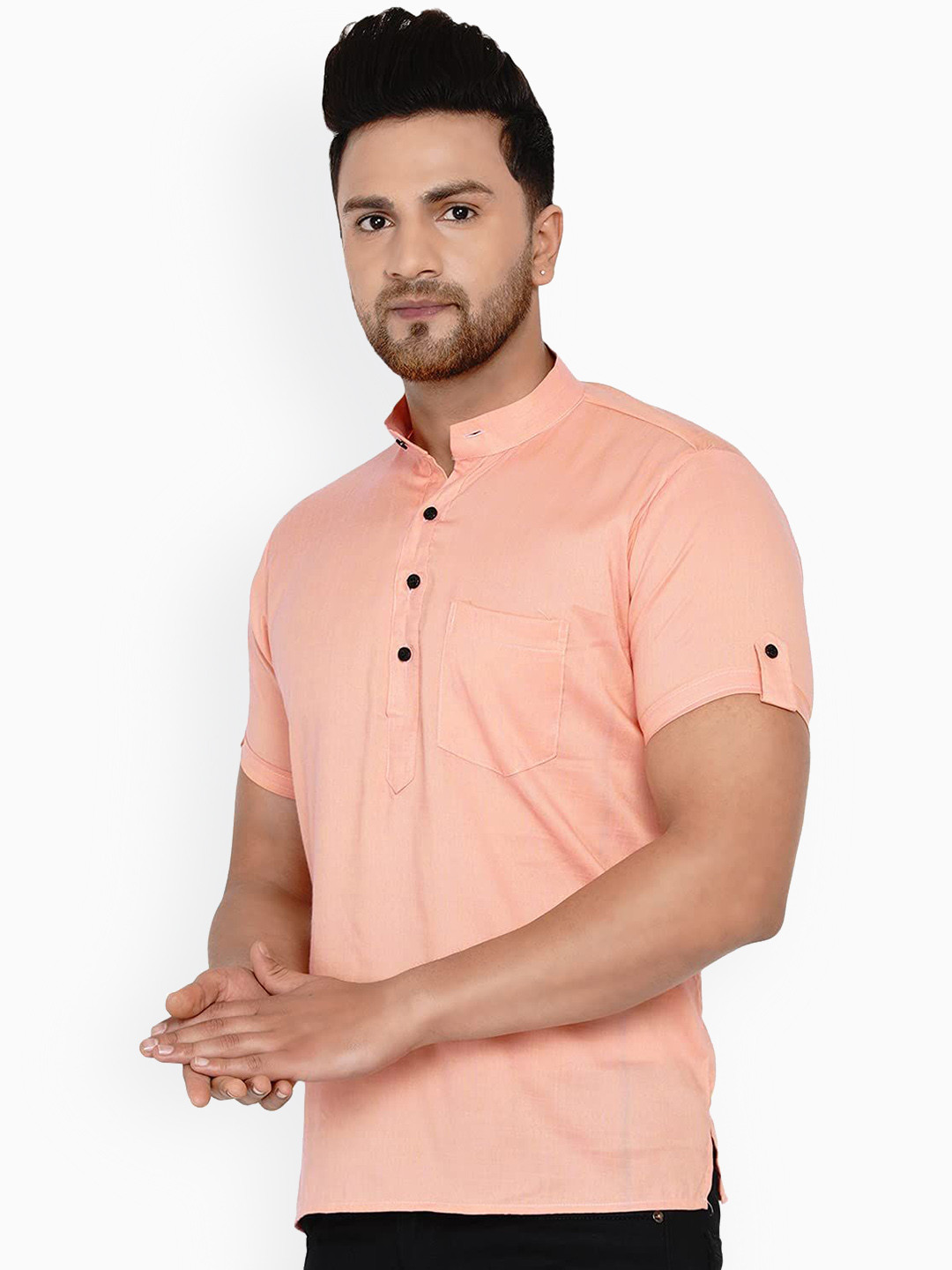 VEERA PARIDHAAN Band Collar Short Roll-Up Sleeves Straight Kurta