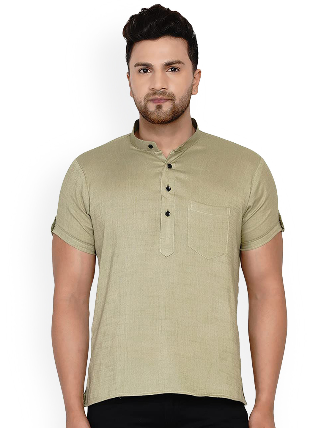 VEERA PARIDHAAN Band Collar Half Sleeves Pathani Short Kurta