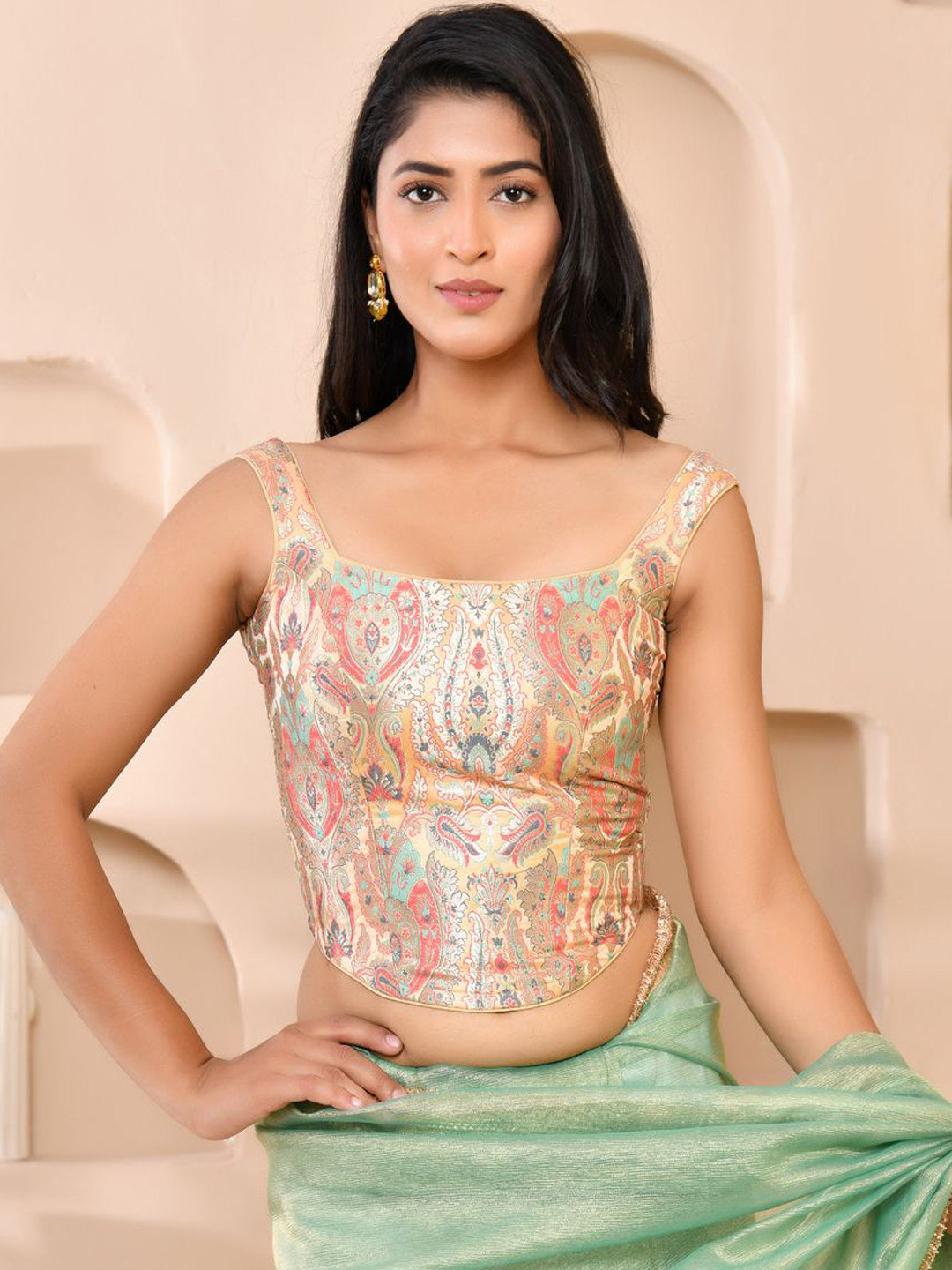 Amodini Designer Studio Brocade Woven Designed Round Neck CorsetStyle Padded Saree Blouse