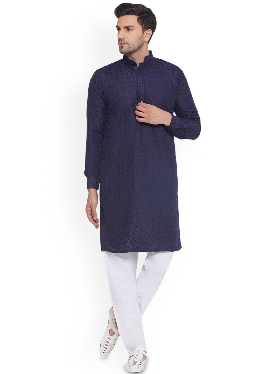 VEERA PARIDHAAN Floral Embroidered Sequence Mandarin Collar Straight Kurta