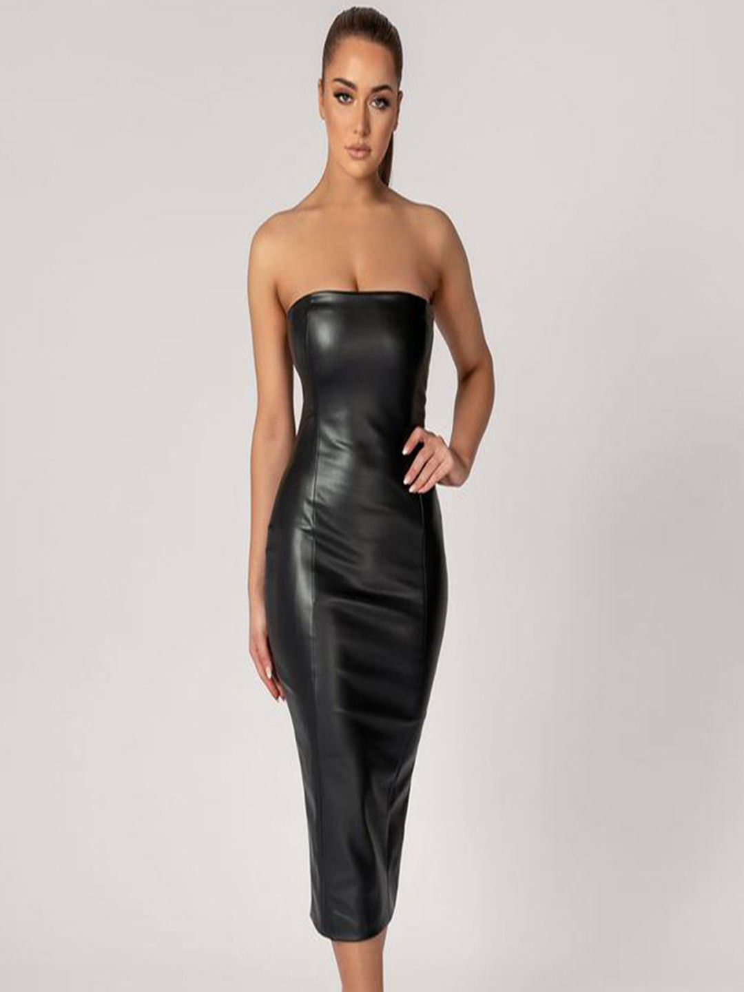 bebe Black PU Leather Strapless Bodycon Midi Dress