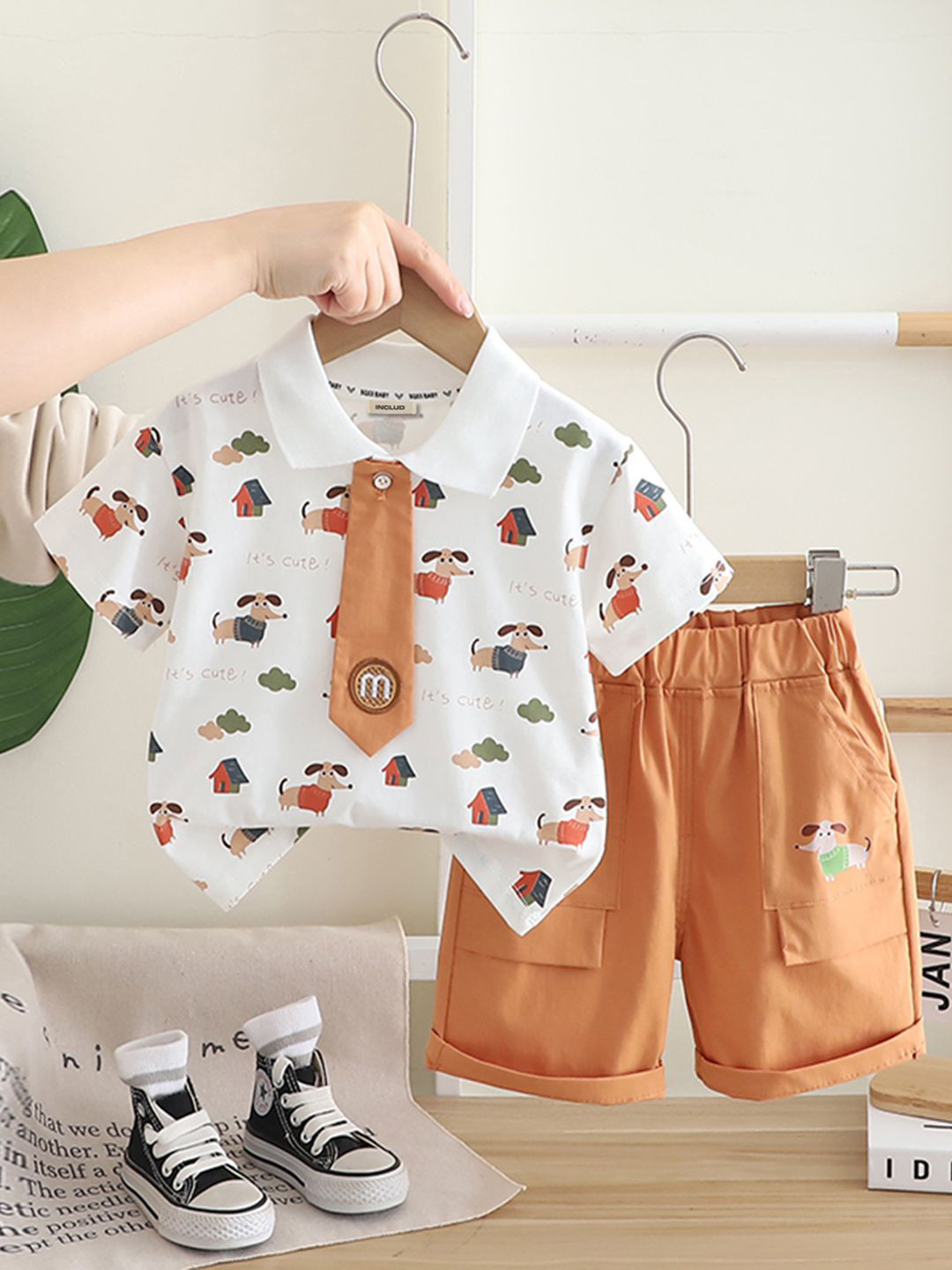 INCLUD Boys Dog Printed Polo T-shirt With Attached Tie & Shorts
