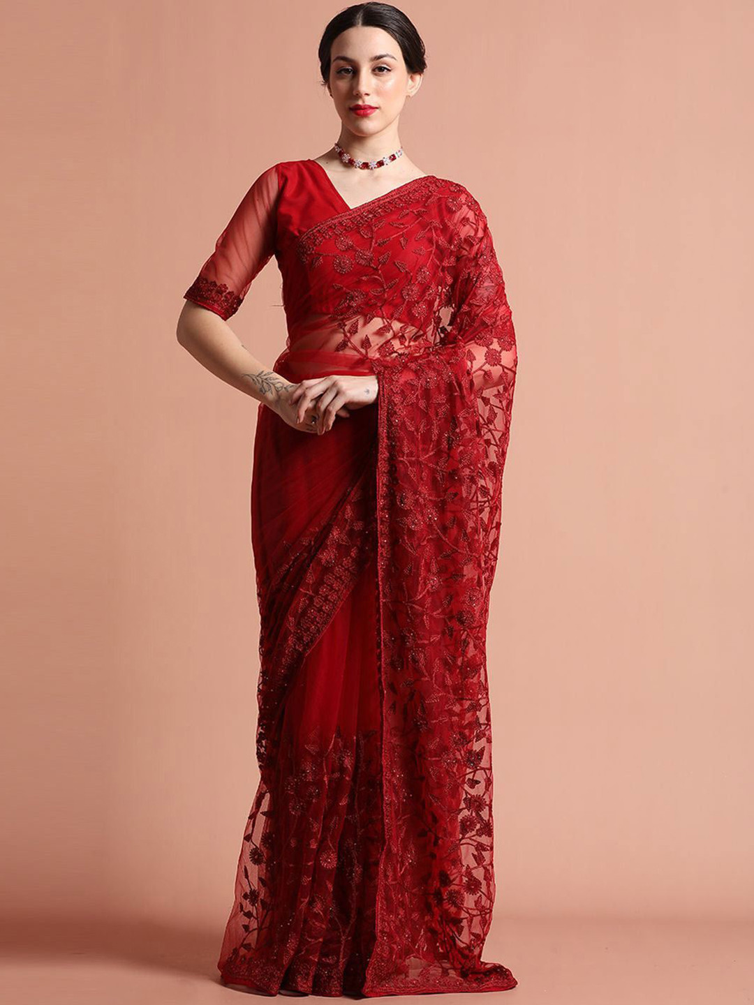 SHADOW & SAINING Regal Splendor Floral Embroidered Net Saree