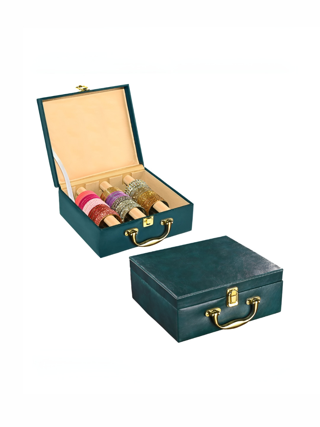 Aura Teal 2 Pcs 3 Rod Premium Leather Bangle Box Chudi Box Jewellery Organiser