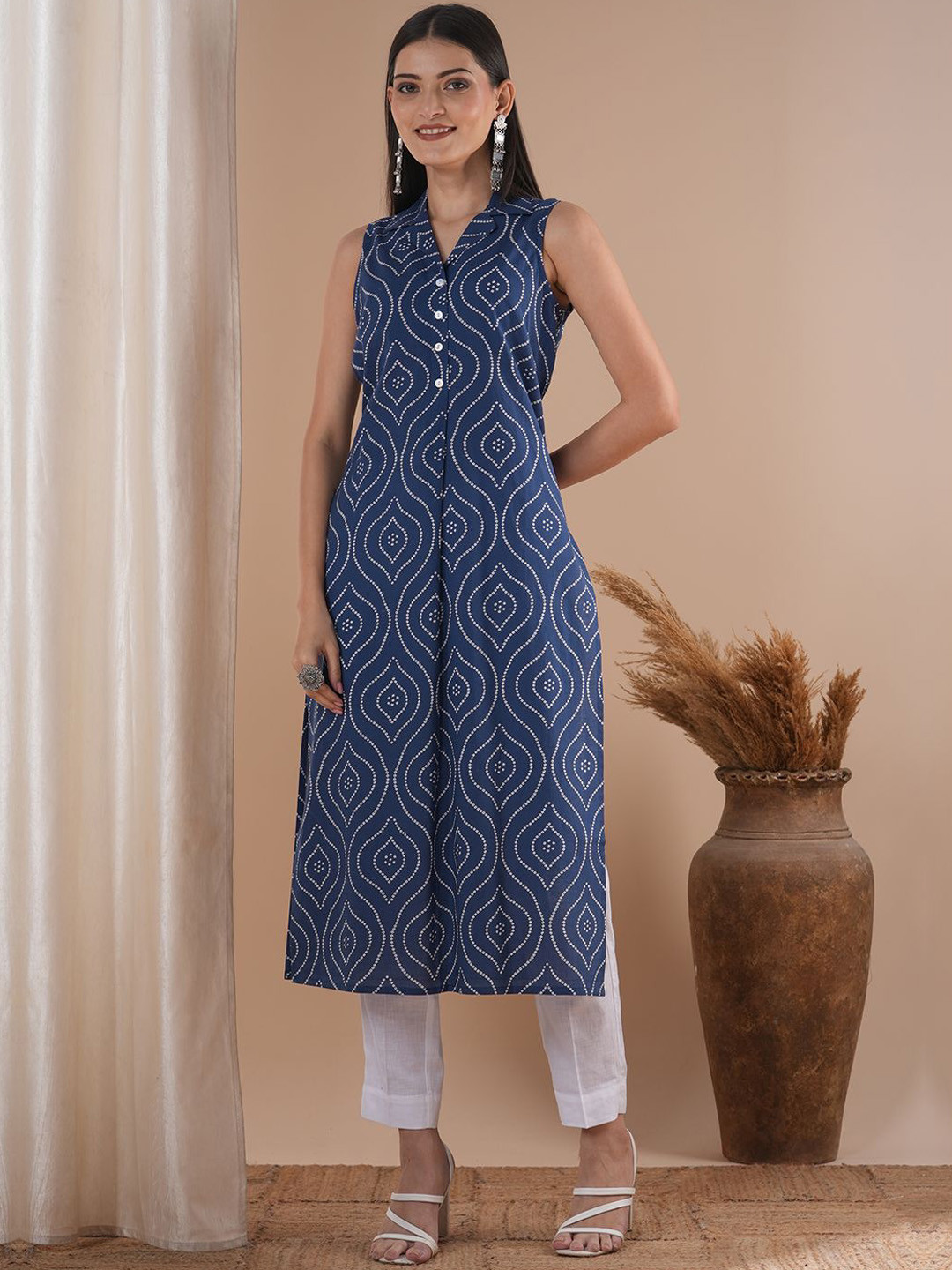 KAMI KUBI Bandhani Printed Shirt Collar Pure Cotton A-Line Kurta