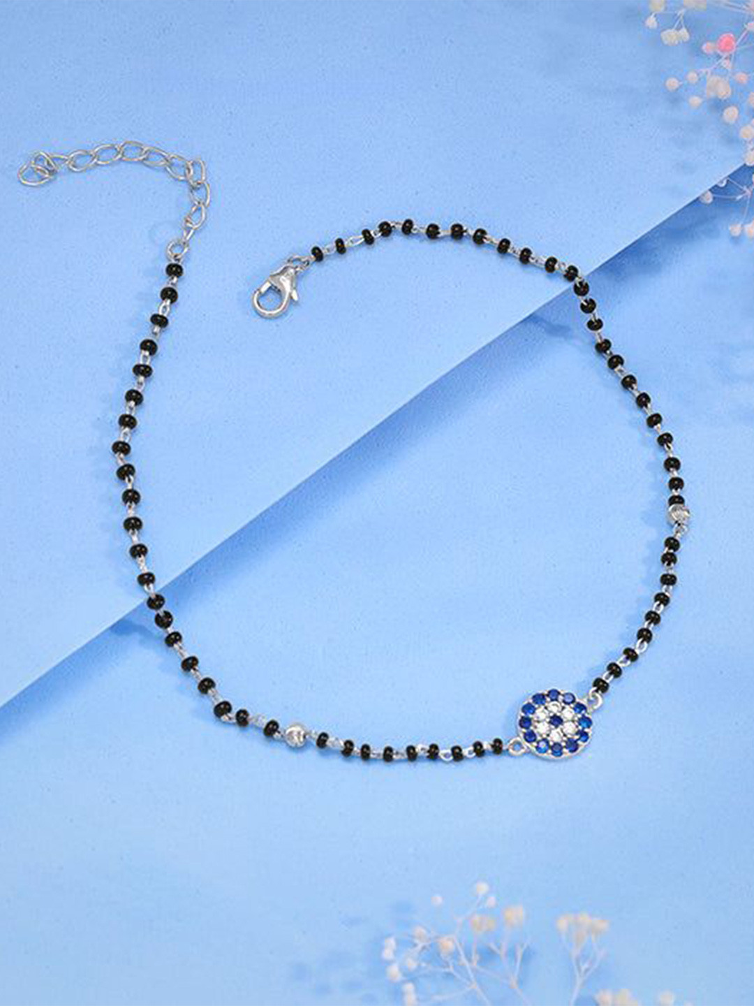 GIVA 925 Silver-Plated Stone Studded & Beaded Sparkling Evil Eye Anklet
