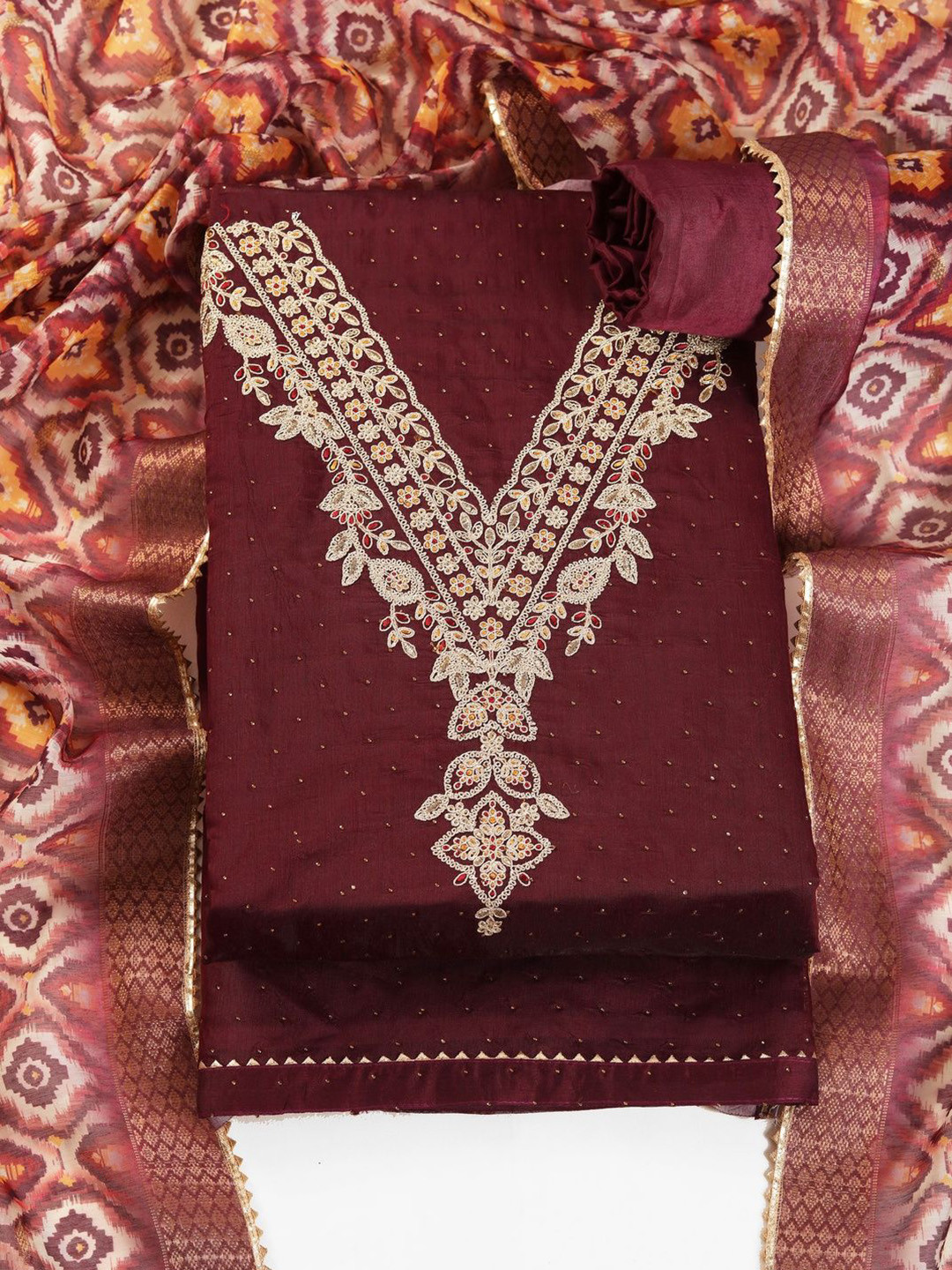 TAVAS Embroidered Chanderi Cotton Unstitched Dress Material