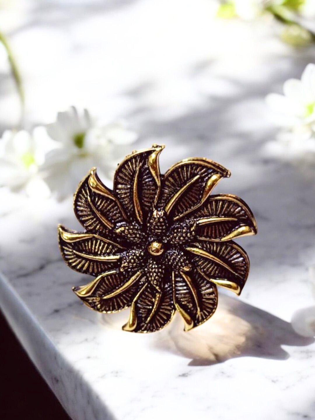 Anouk Antique Brass-Plated Floral Oxidised Finger Ring